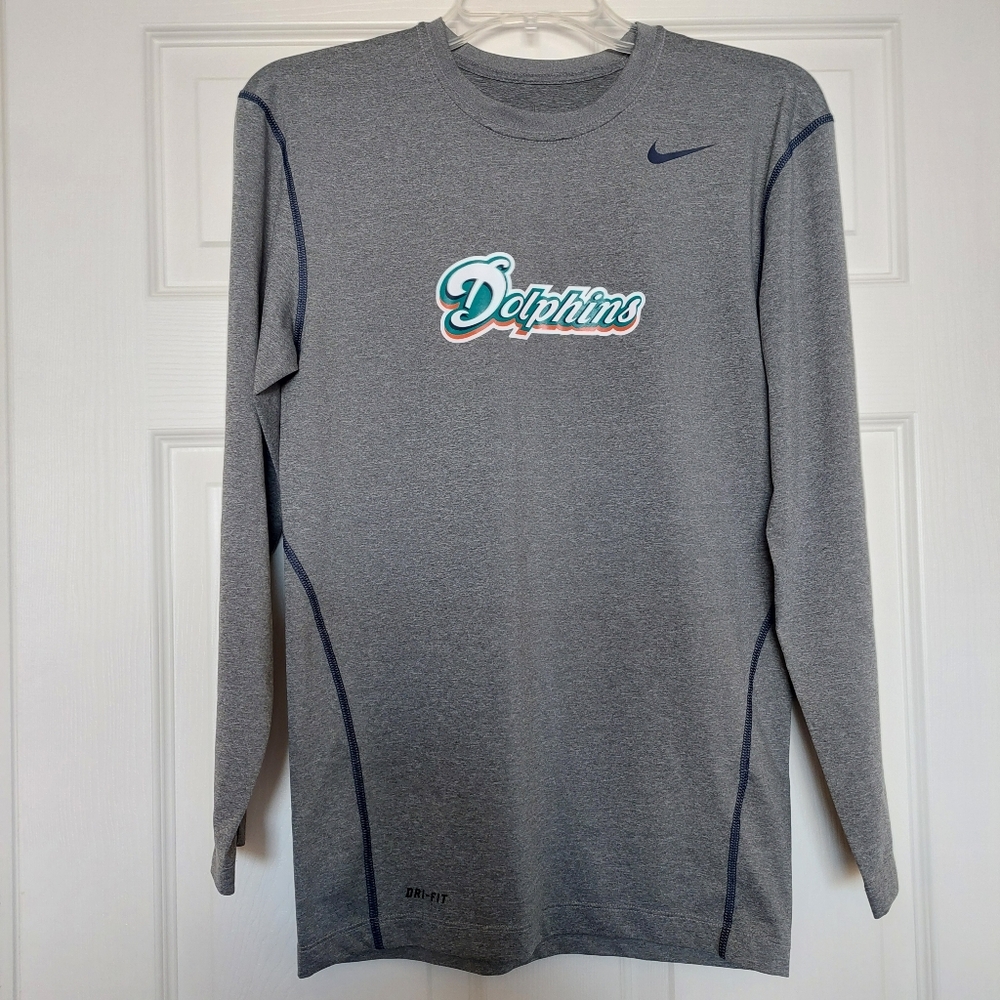 Nike Dri Fit Youth Large Trainer Miami Dolphins Swoosh Gray Shirt Long Sleeve